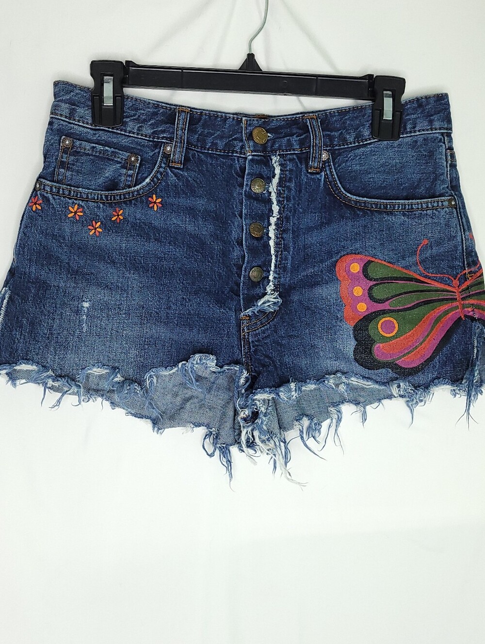 WE THE FREE Fields Of Sun Painted Butterfly Denim Button Fly Shorts Size 27